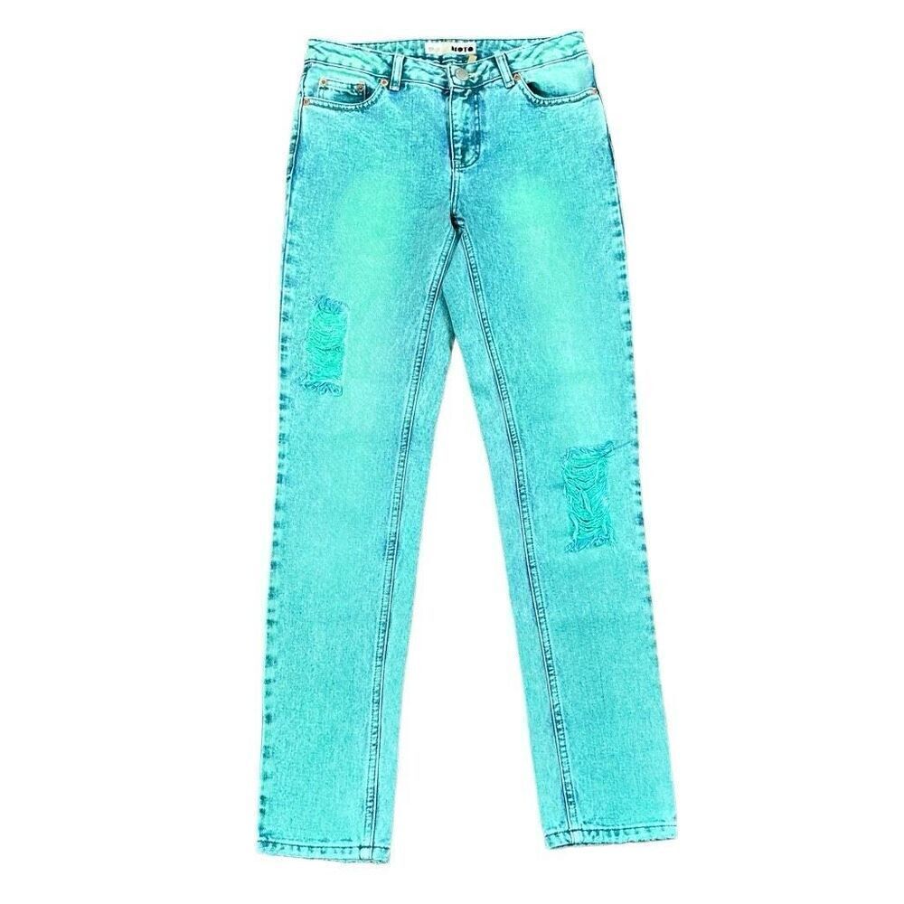 Topshop Moto Green Distressed Denim Skinny Jeans 26
